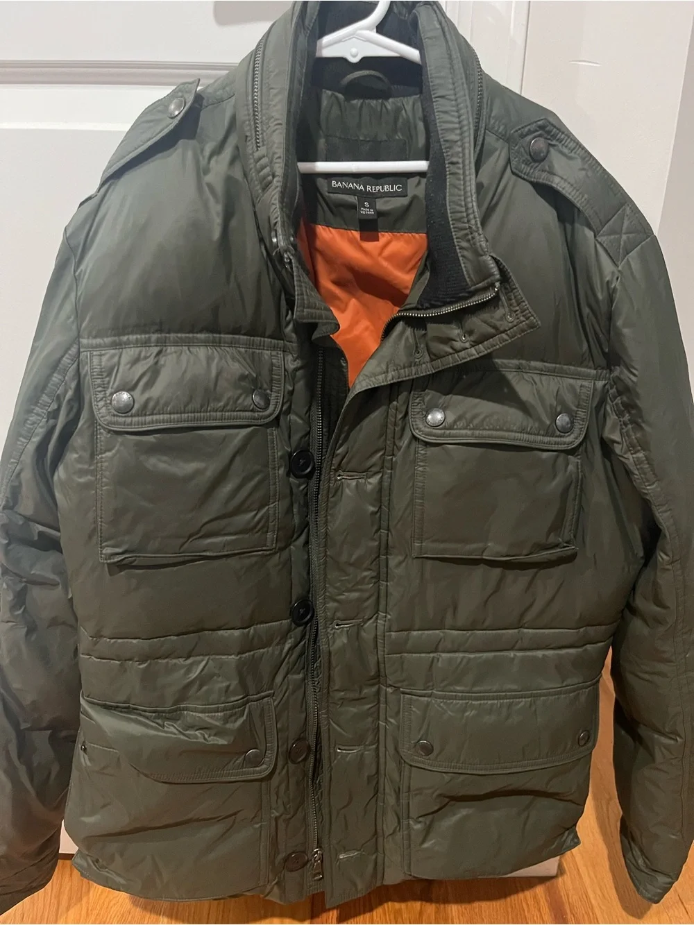 Banana Republic Men's Olive Green Military Field Jacket with Orange Lining